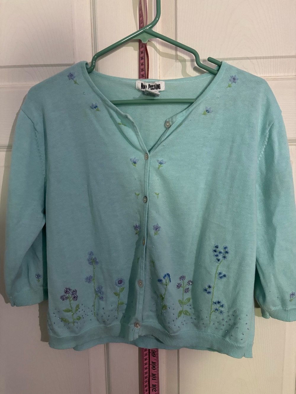 Aqua Floral Embroidered Button-Front Sweater Cardigan -